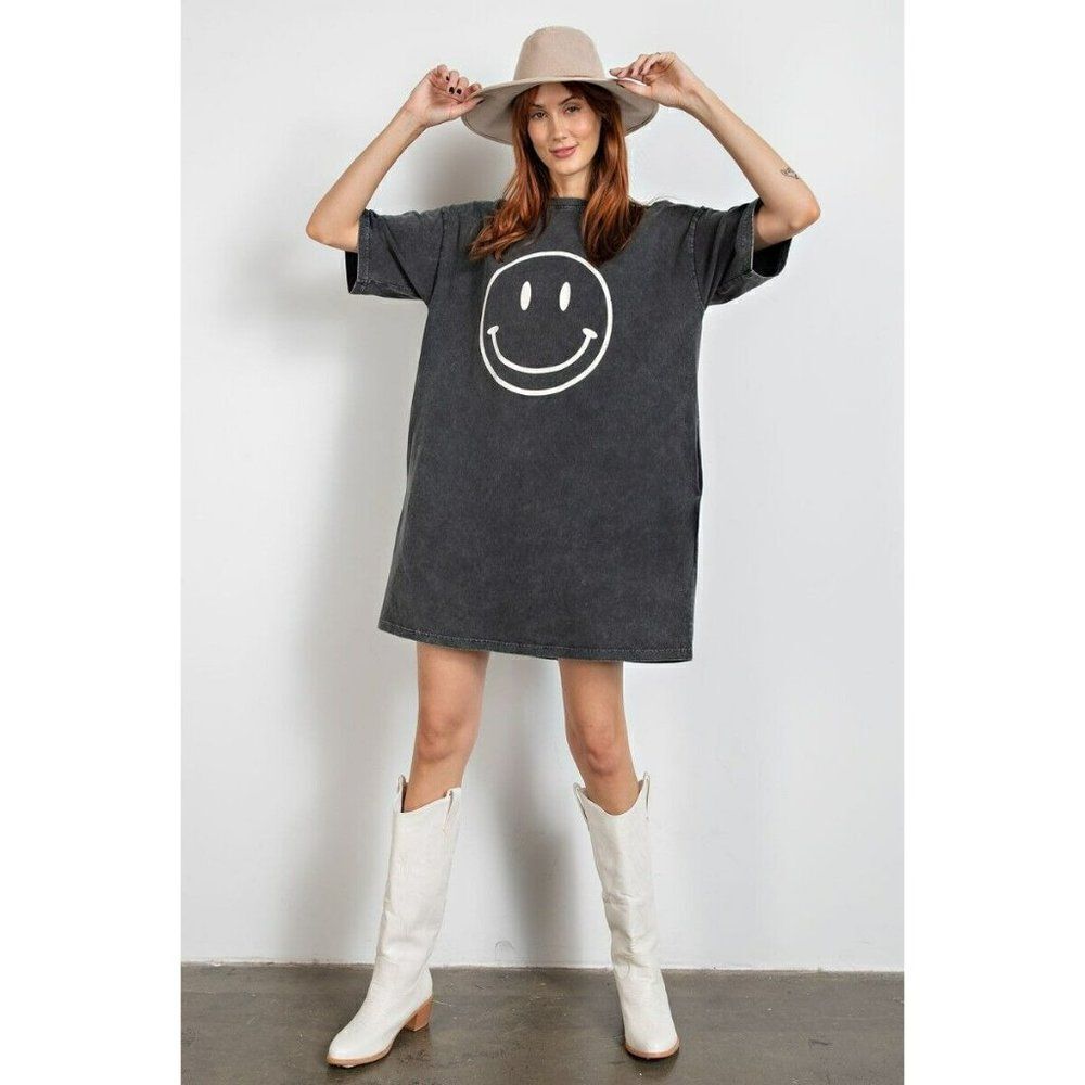 Easel Womens Smiley Face Happy Oversized Dress Top in Black S-L ED18419 - Picture 3 of 4